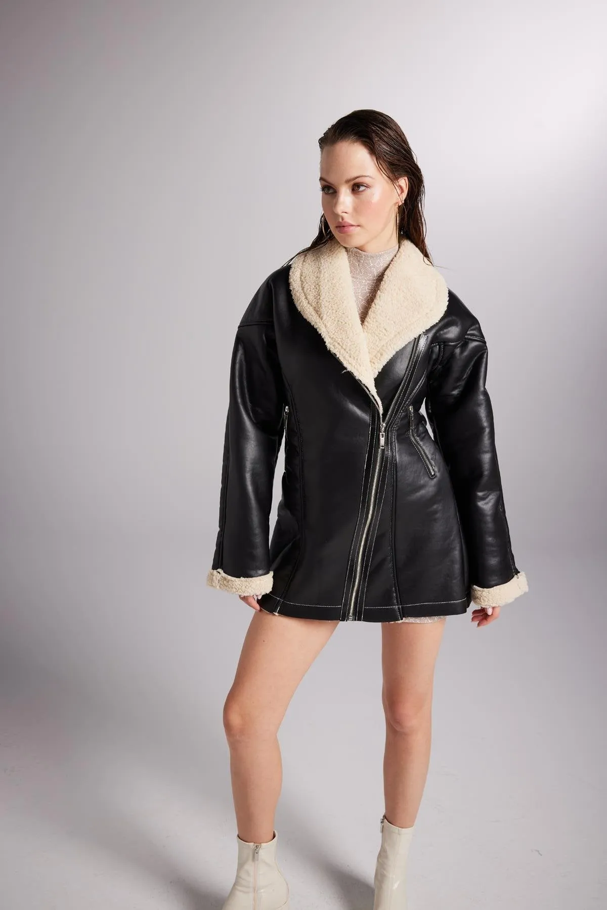 Monero Black Vegan Faux Leather Coat with Fur Lining