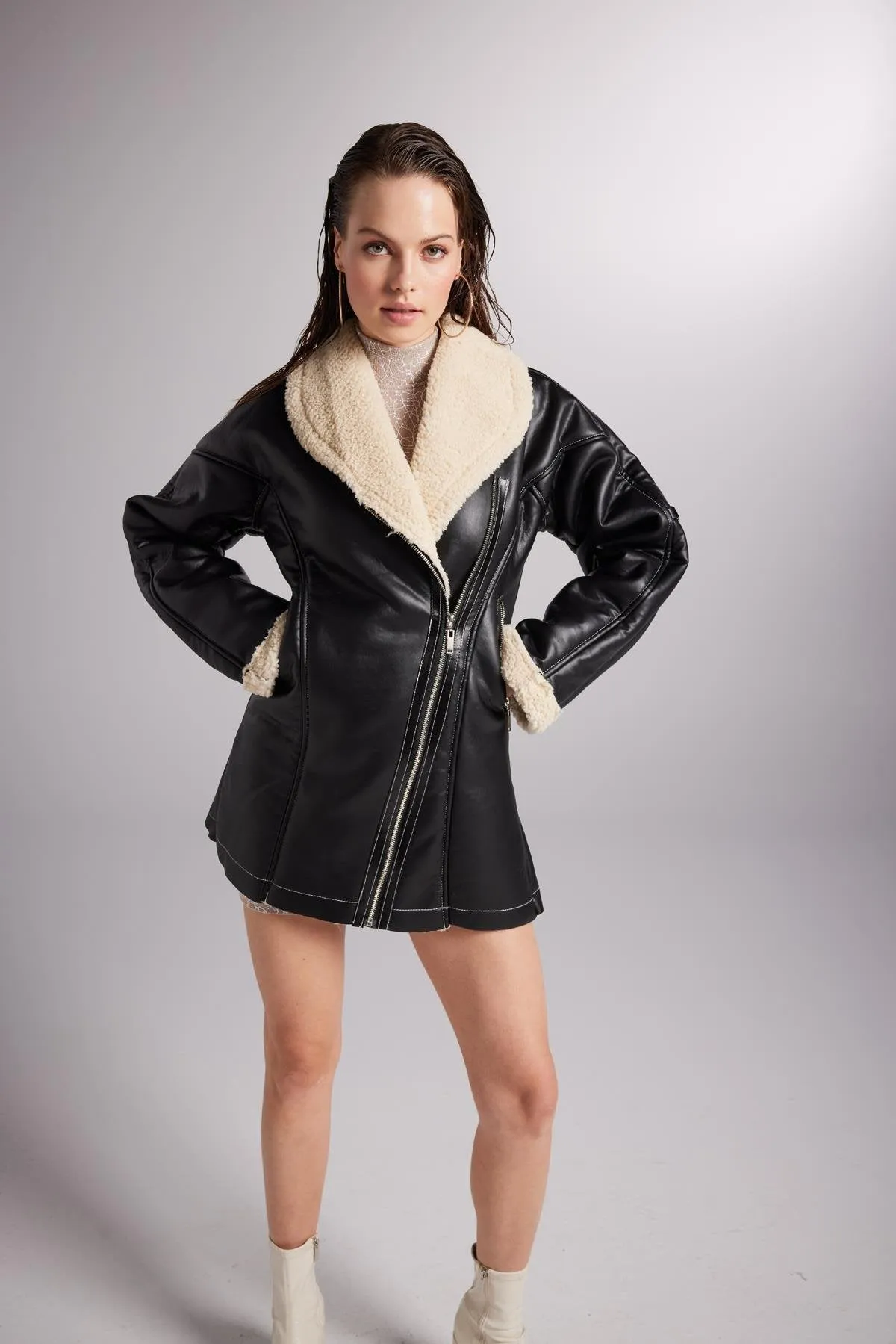 Monero Black Vegan Faux Leather Coat with Fur Lining