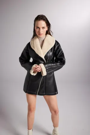 Monero Black Vegan Faux Leather Coat with Fur Lining