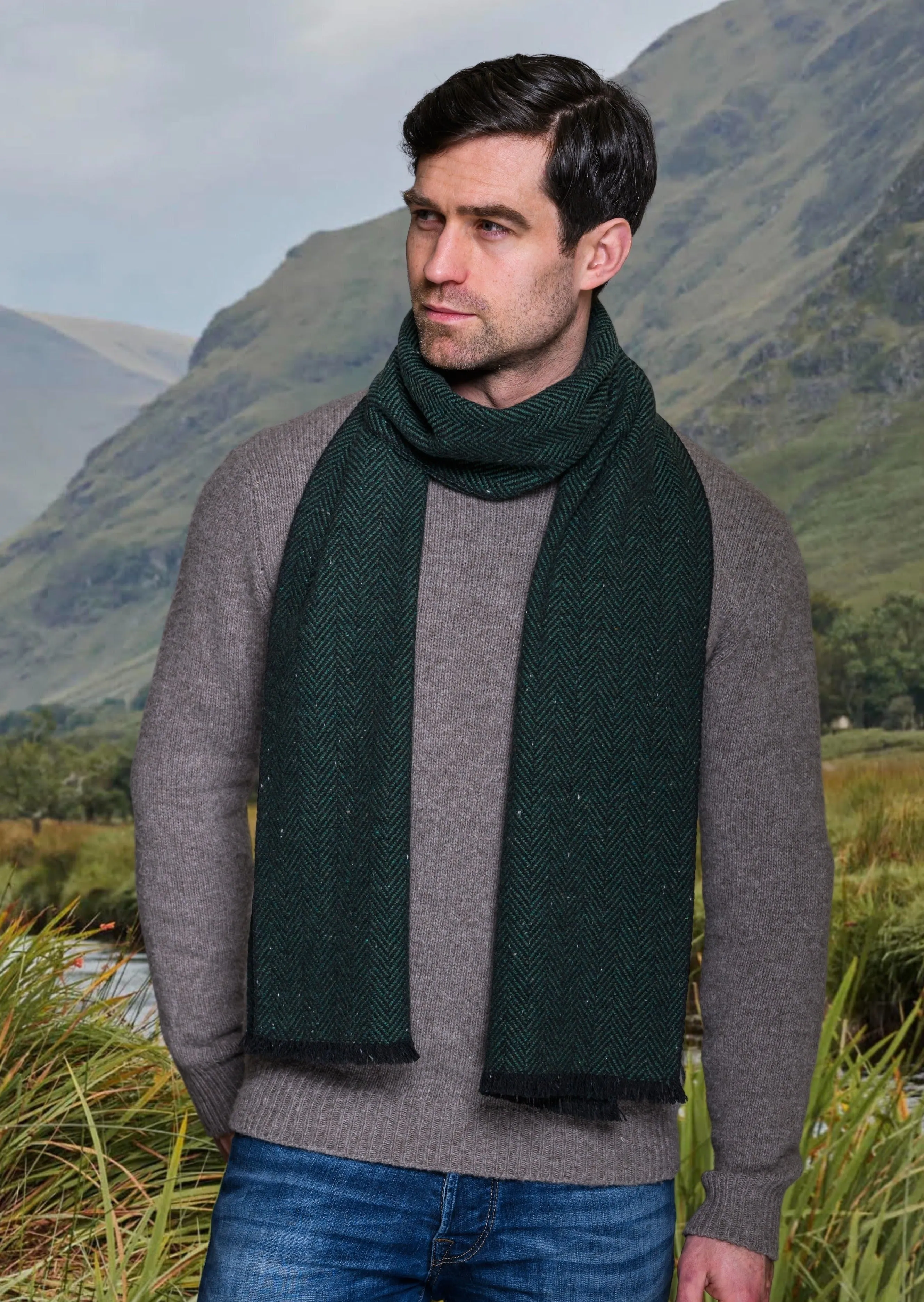 Mucros Donegal Scarf | Green Herringbone