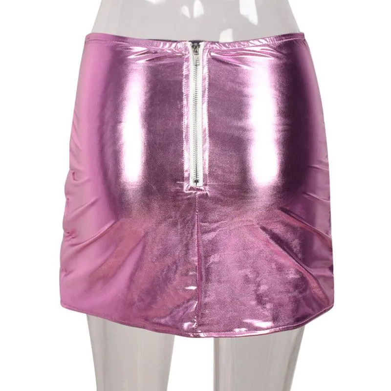 Pink Puffer Mini Skirt Metallic Shiny Warm Quilted