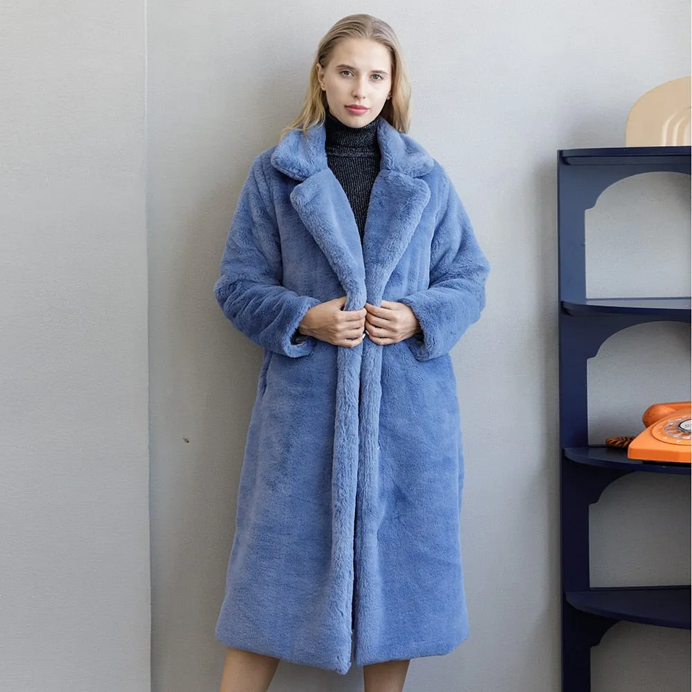 Rabbit Fur Winter Coat with Loose Lapel