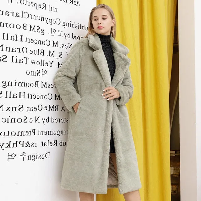 Rabbit Fur Winter Coat with Loose Lapel