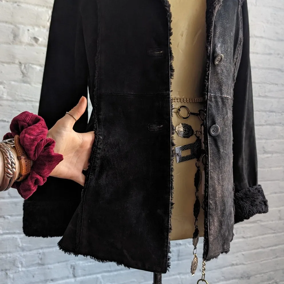 Vintage Black Suede Jacket Penny Lane Coat Minimalist Leather Furry Fur Goth