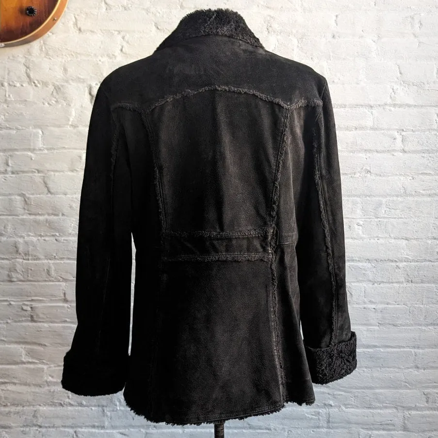 Vintage Black Suede Jacket Penny Lane Coat Minimalist Leather Furry Fur Goth