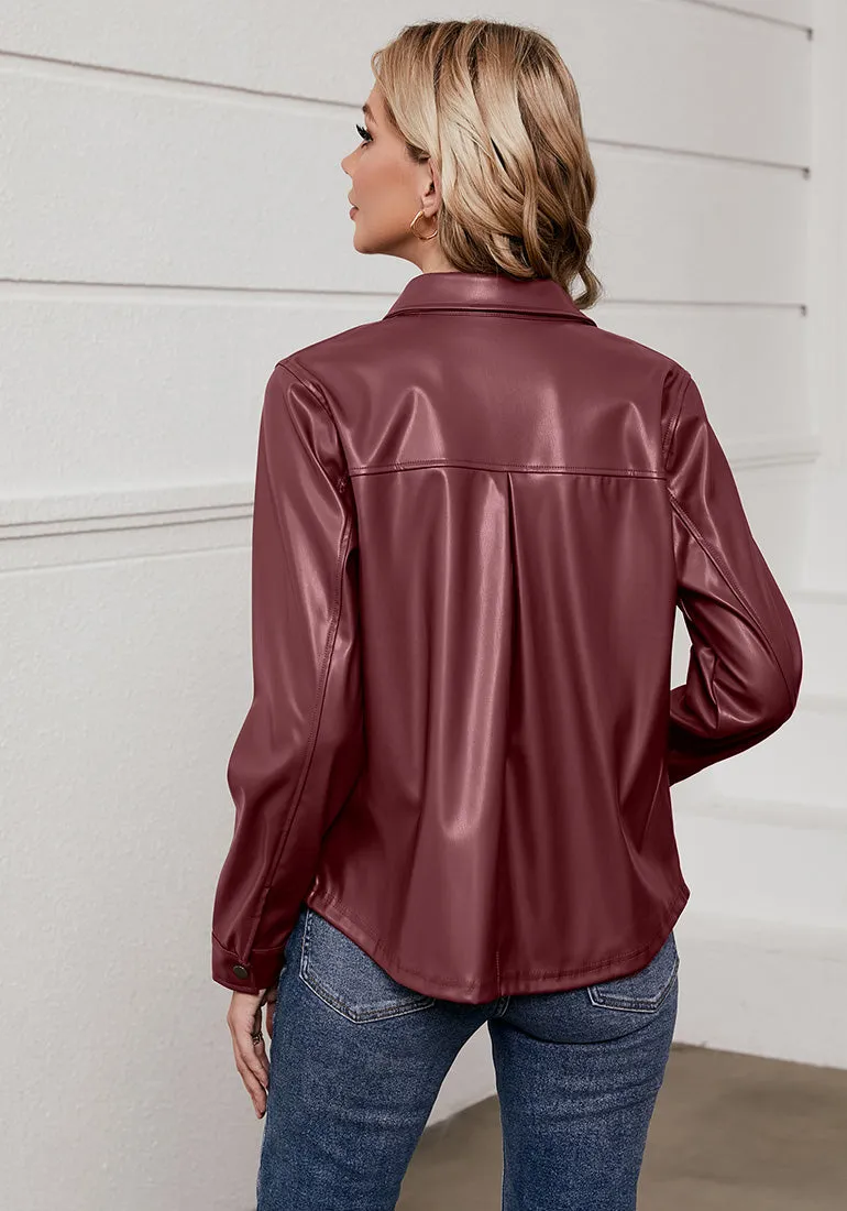 Wine Red Women's Faux Leather Street Style Long Sleeves Vegan Moto Biker Coat