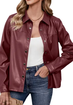 Wine Red Women's Faux Leather Street Style Long Sleeves Vegan Moto Biker Coat