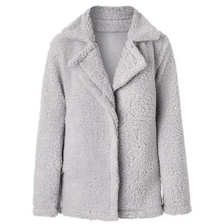 Women faux fur shawl collar cardigan solid color winter coat