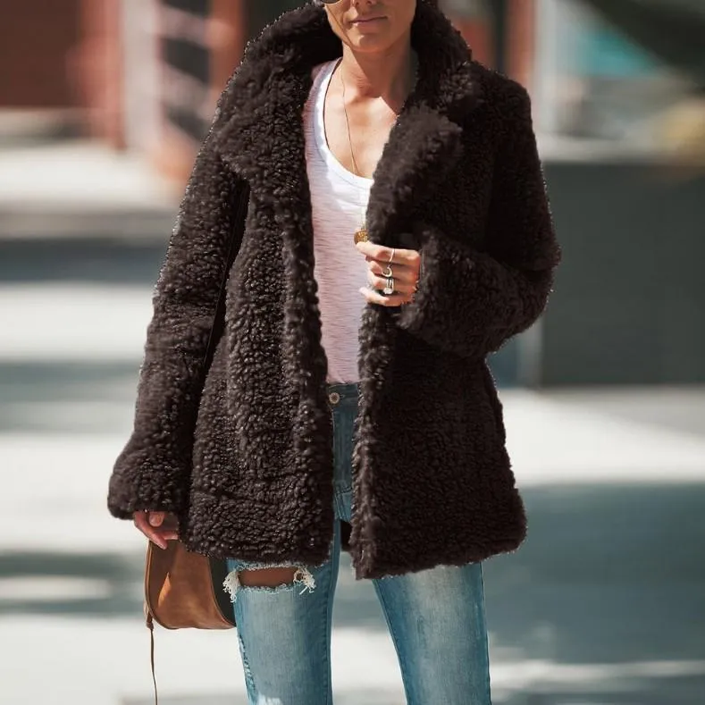 Women faux fur shawl collar cardigan solid color winter coat