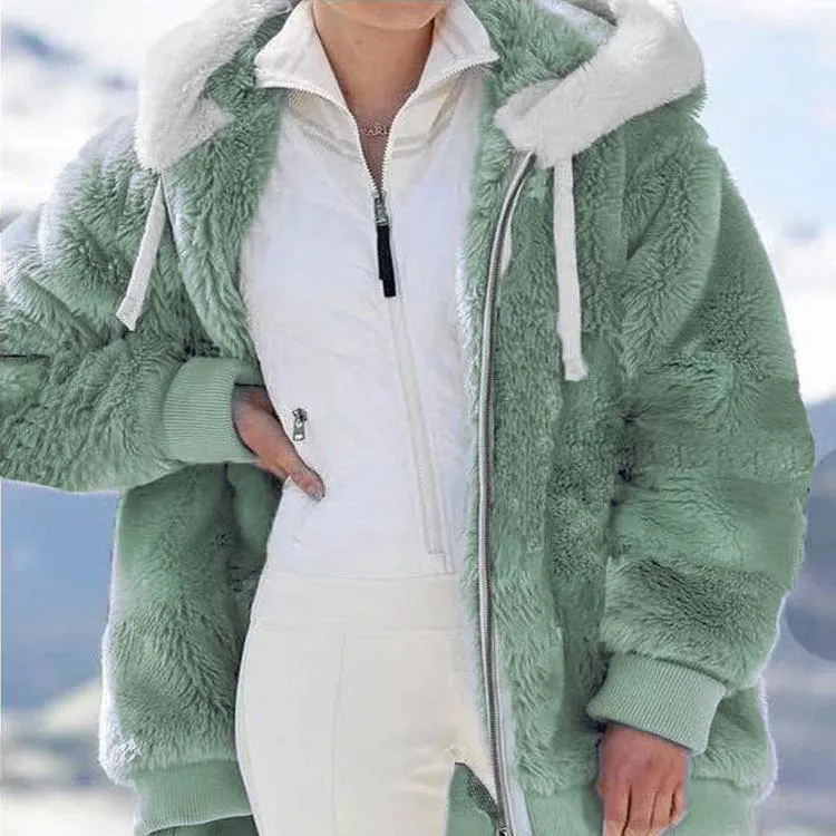 Women winter solid color drawstring hooded faux fur coat