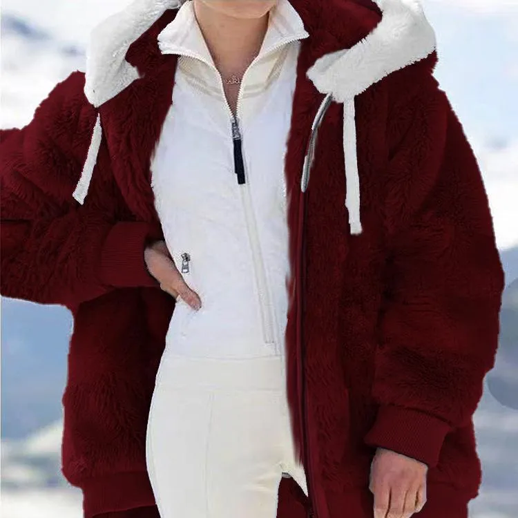 Women winter solid color drawstring hooded faux fur coat