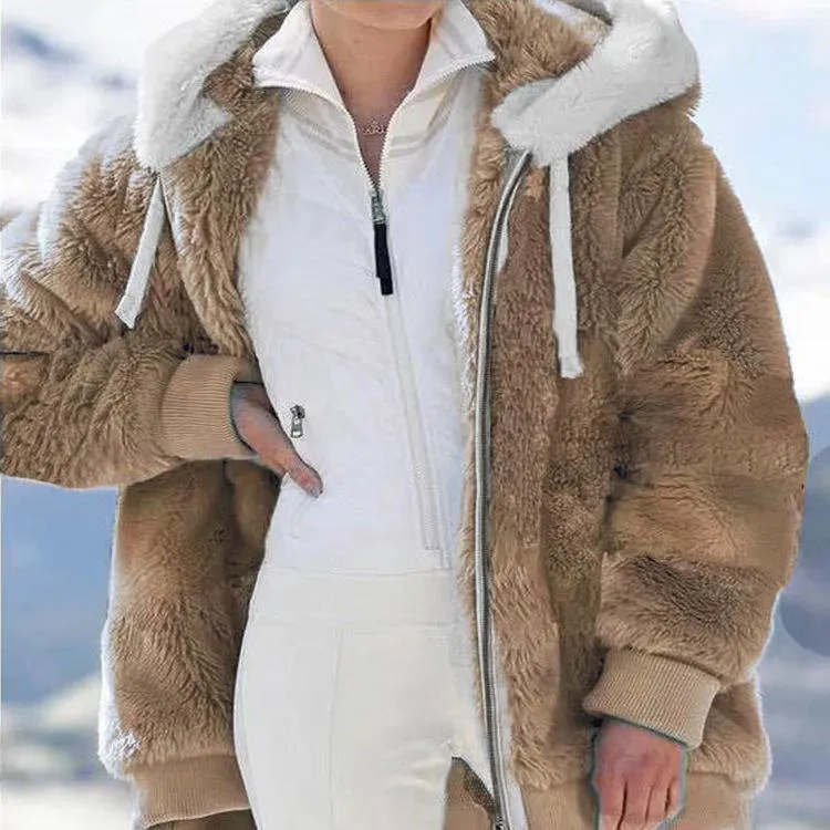 Women winter solid color drawstring hooded faux fur coat