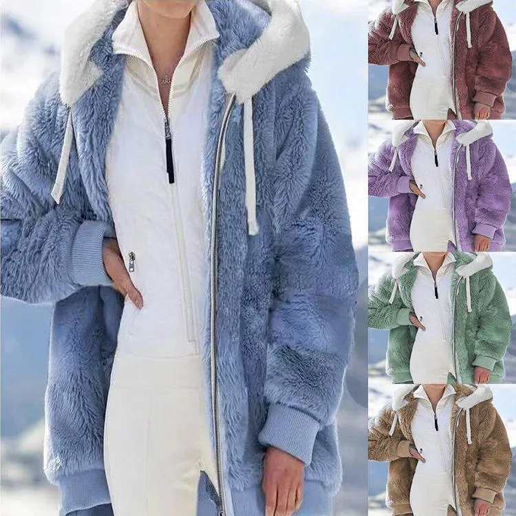 Women winter solid color drawstring hooded faux fur coat