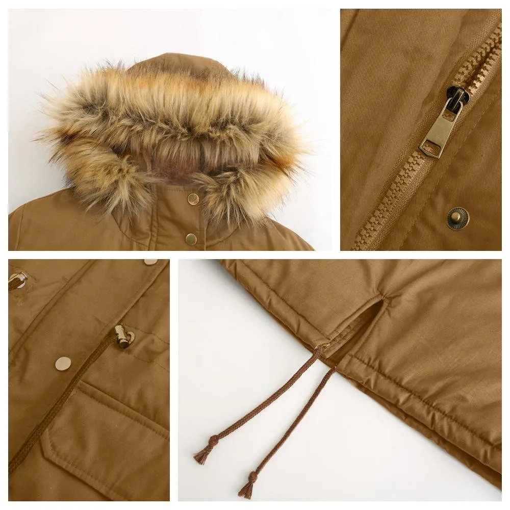 Women zipper pocket winter warm faux fur hooded parka coat