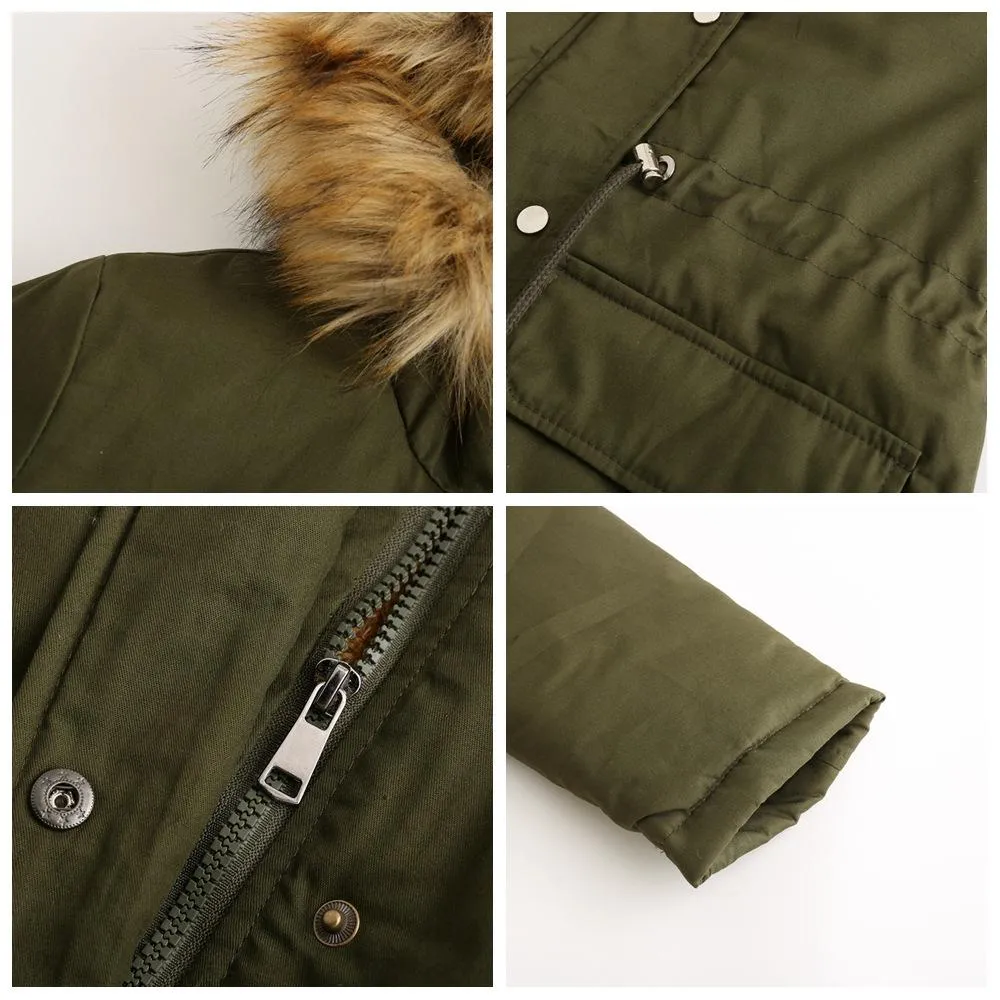 Women zipper pocket winter warm faux fur hooded parka coat