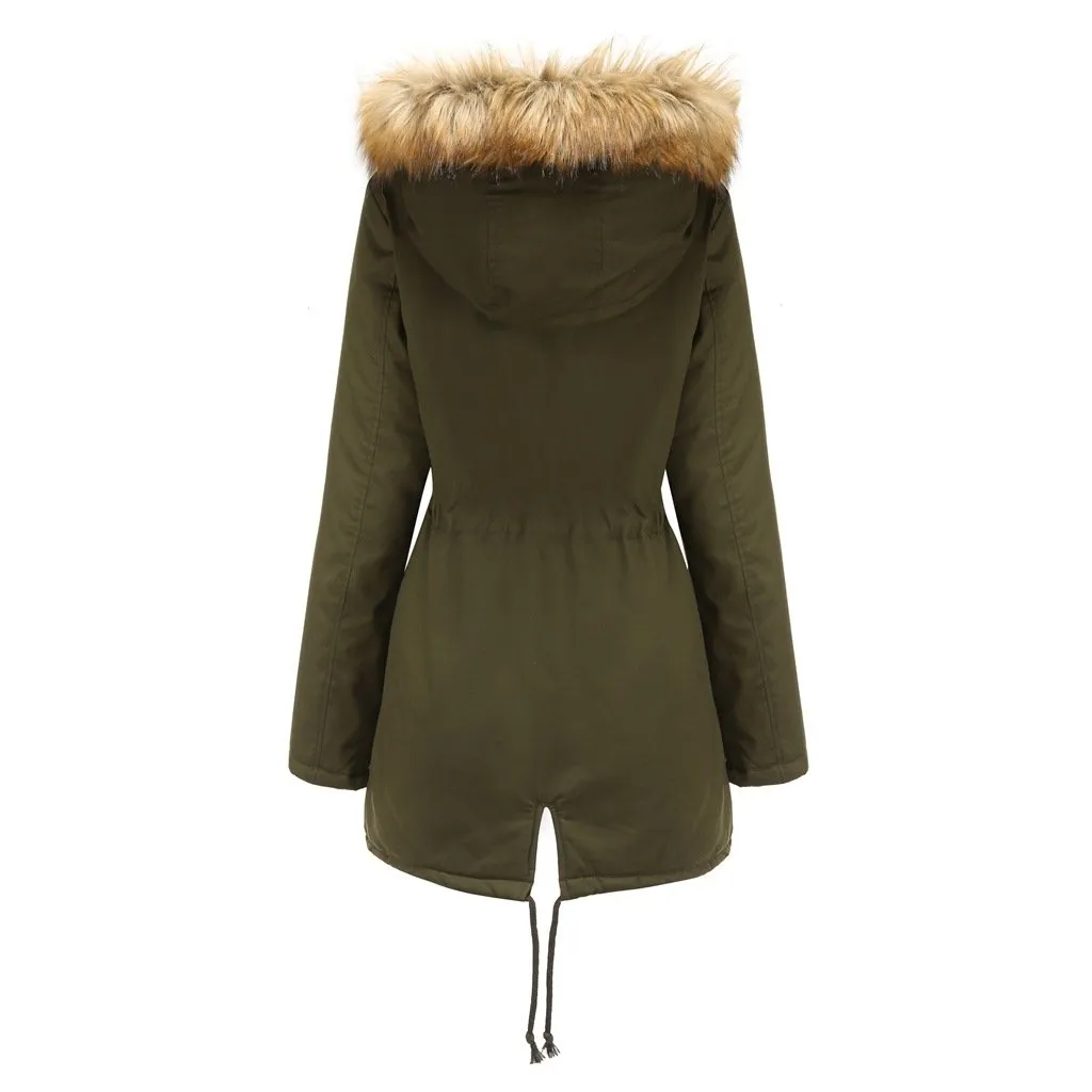 Women zipper pocket winter warm faux fur hooded parka coat