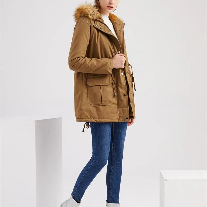 Women zipper pocket winter warm faux fur hooded parka coat