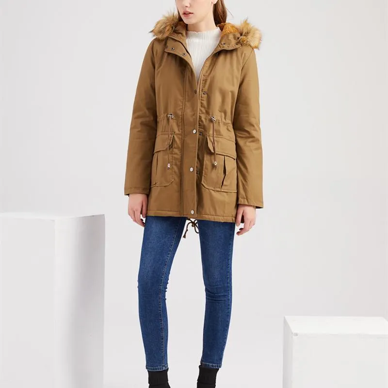 Women zipper pocket winter warm faux fur hooded parka coat