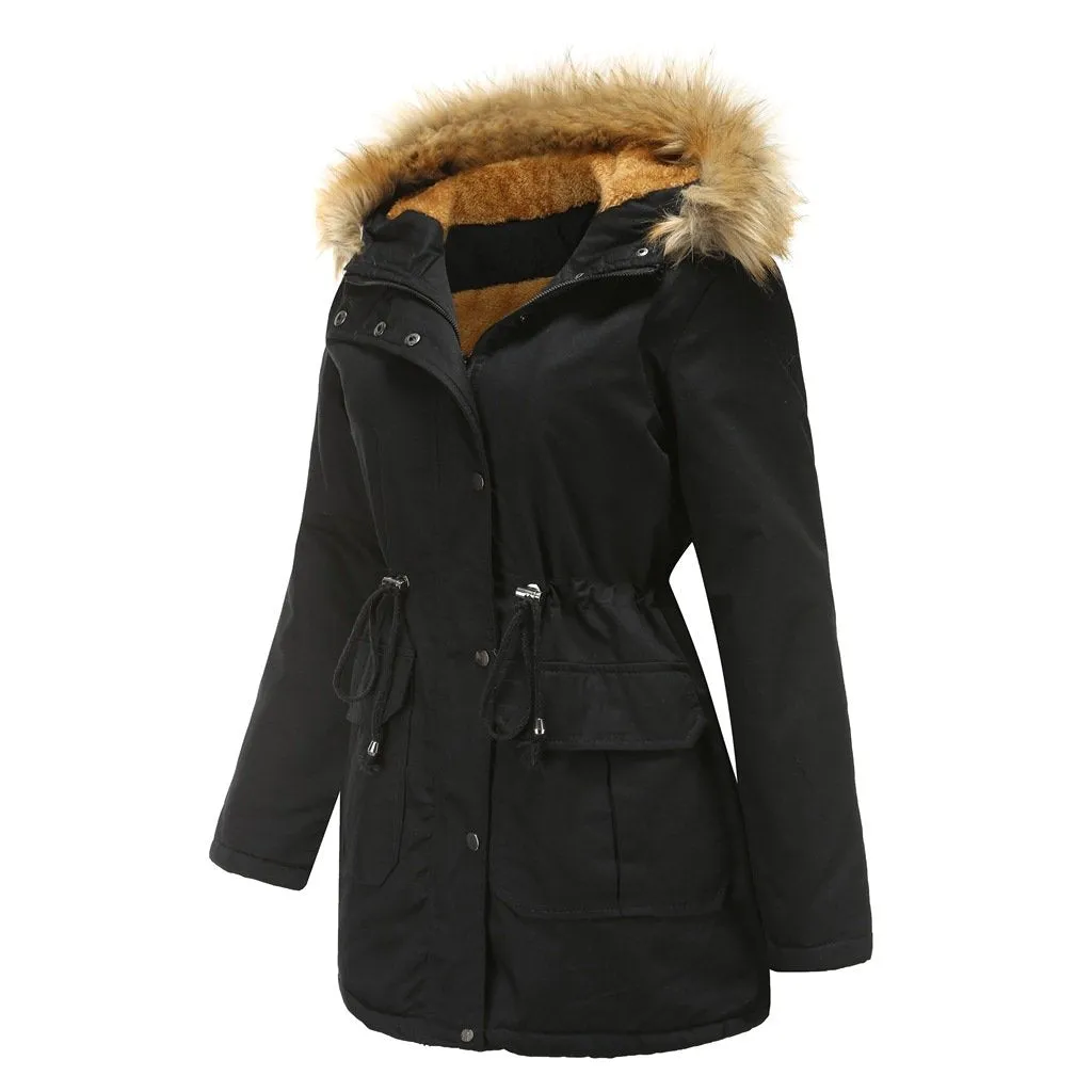 Women zipper pocket winter warm faux fur hooded parka coat